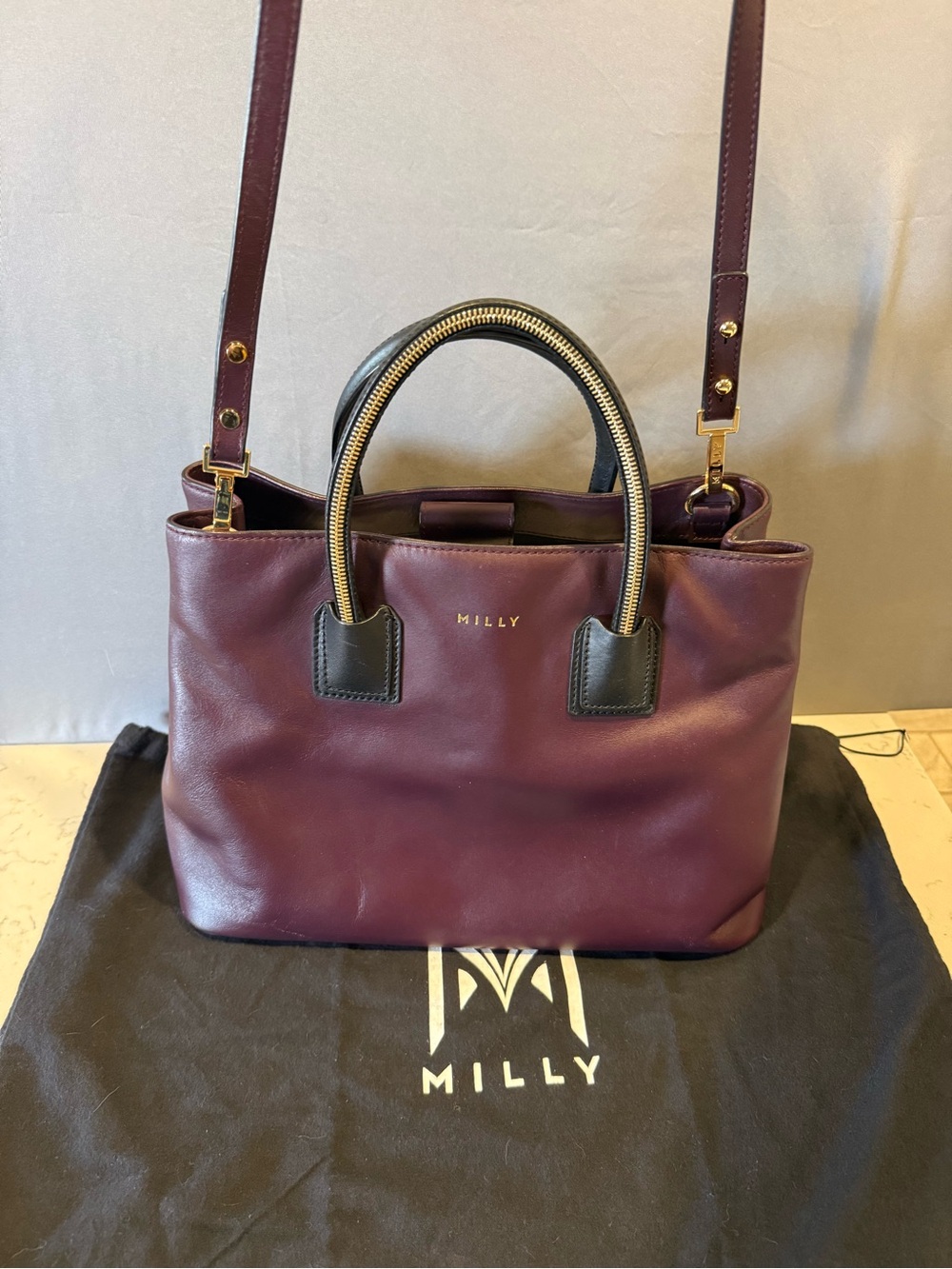 Milly Plum and Black Leather Satchel with Gold Hardware